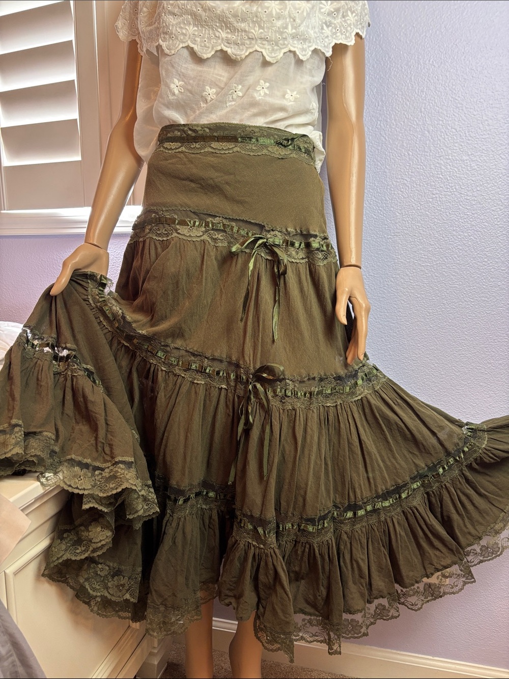 AS IS - Olive Green Tiered Lace Maxi Skirt with Self Slip
